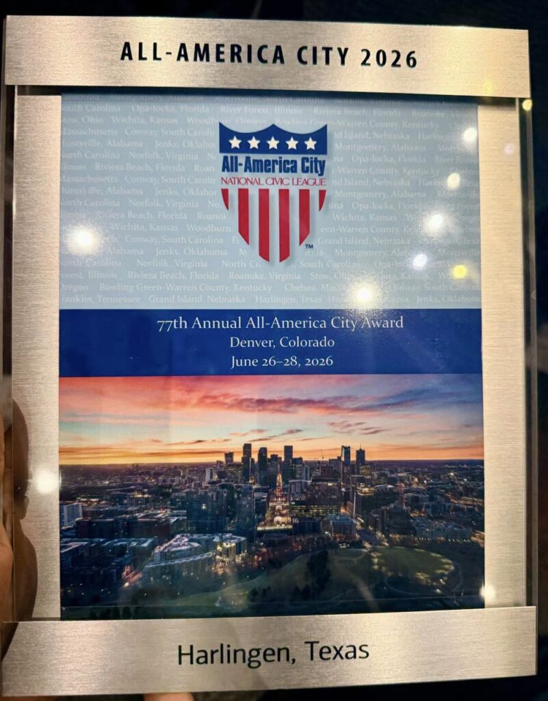 The 2026 All-America City Award plaque recognizing Harlingen, Texas, as one of the National Civic League’s 10 All-America City winners.
