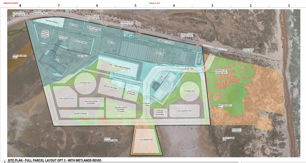 Starbase expansion site plan showing proposed LNG liquefaction facilities, liquid methane generation area, tank farm expansion and support infrastructure near Boca Chica in Cameron County.