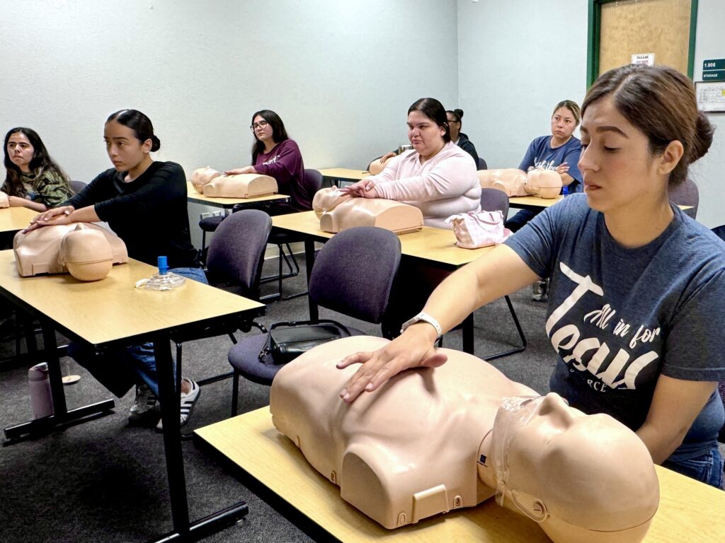 Community members practice CPR compressions on training mannequins during a South Texas College certification class.