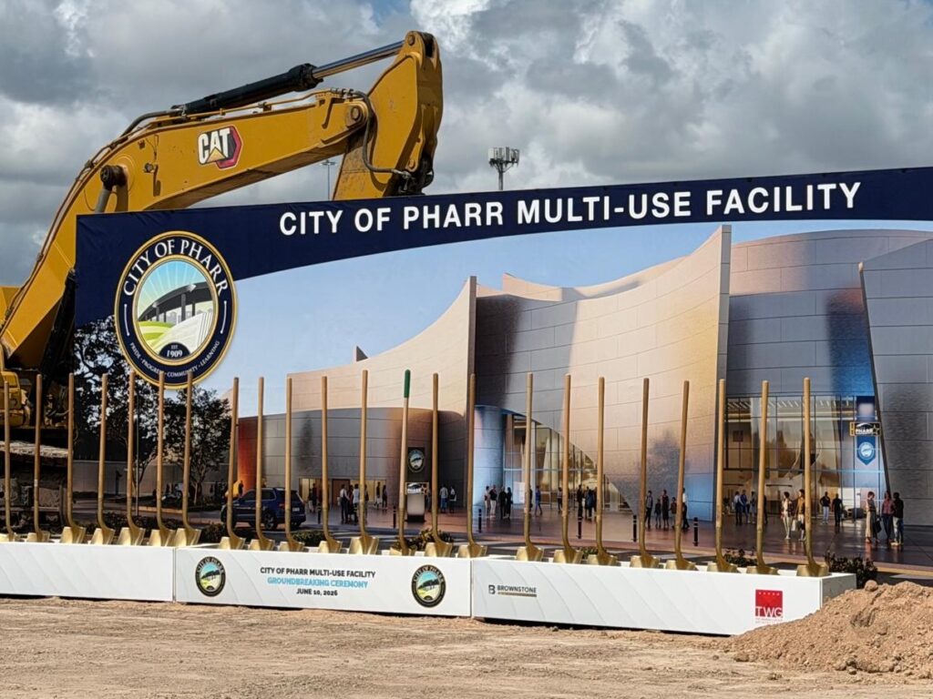Rendering of the planned City of Pharr Multi-Use Facility displayed at the construction site during the groundbreaking ceremony.