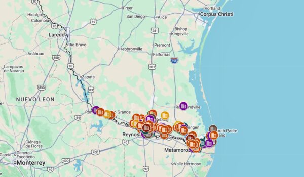 Map of the Rio Grande Valley showing the locations of construction projects tracked by the Rio Grande Valley Business Journal, including developments in Brownsville, Harlingen, McAllen, Edinburg, Mission, Pharr, Rio Grande City, and surrounding communities.