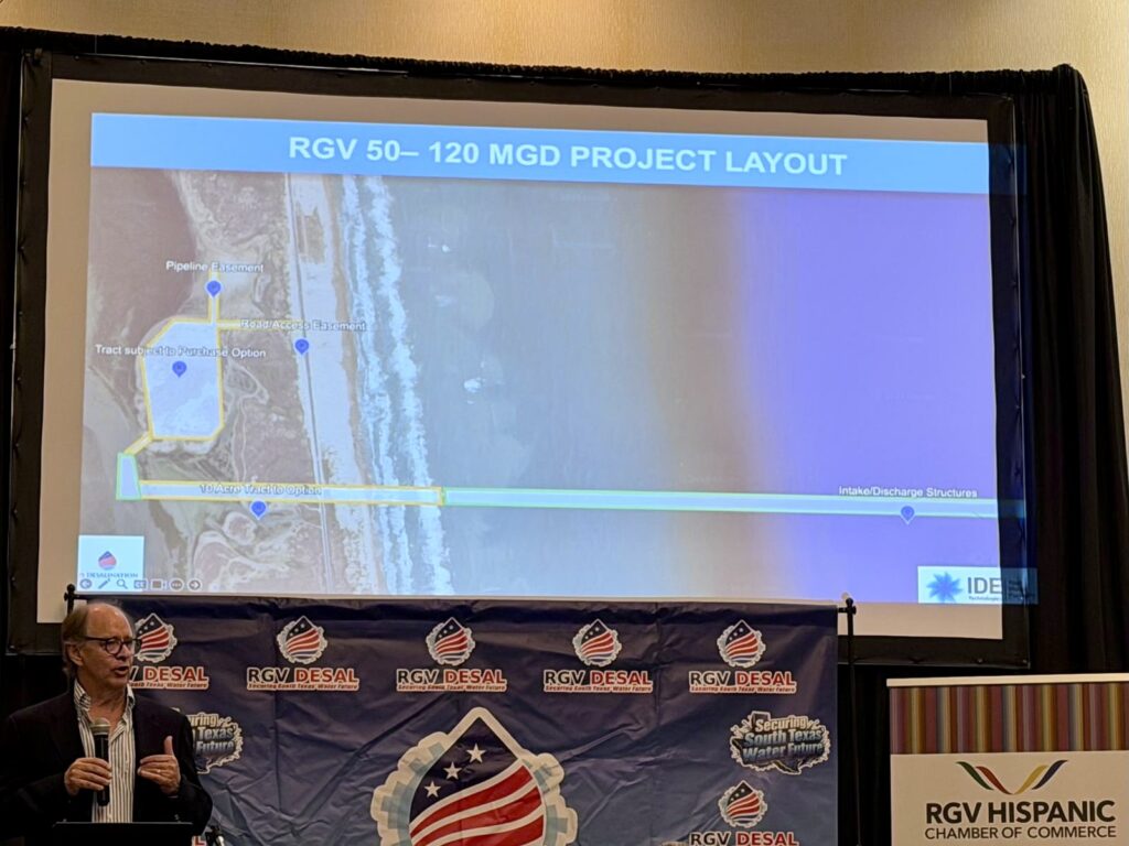 Presentation slide showing the proposed layout of the RGV Desal seawater desalination plant, intake and discharge structures, and planned transmission pipeline near South Padre Island.