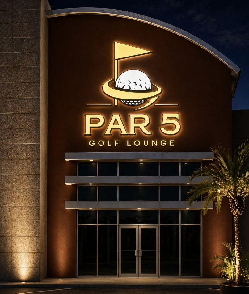 Una representación del futuro «Par 5 Golf Lounge» en Mission, con letreros luminosos y una entrada con fachada moderna.