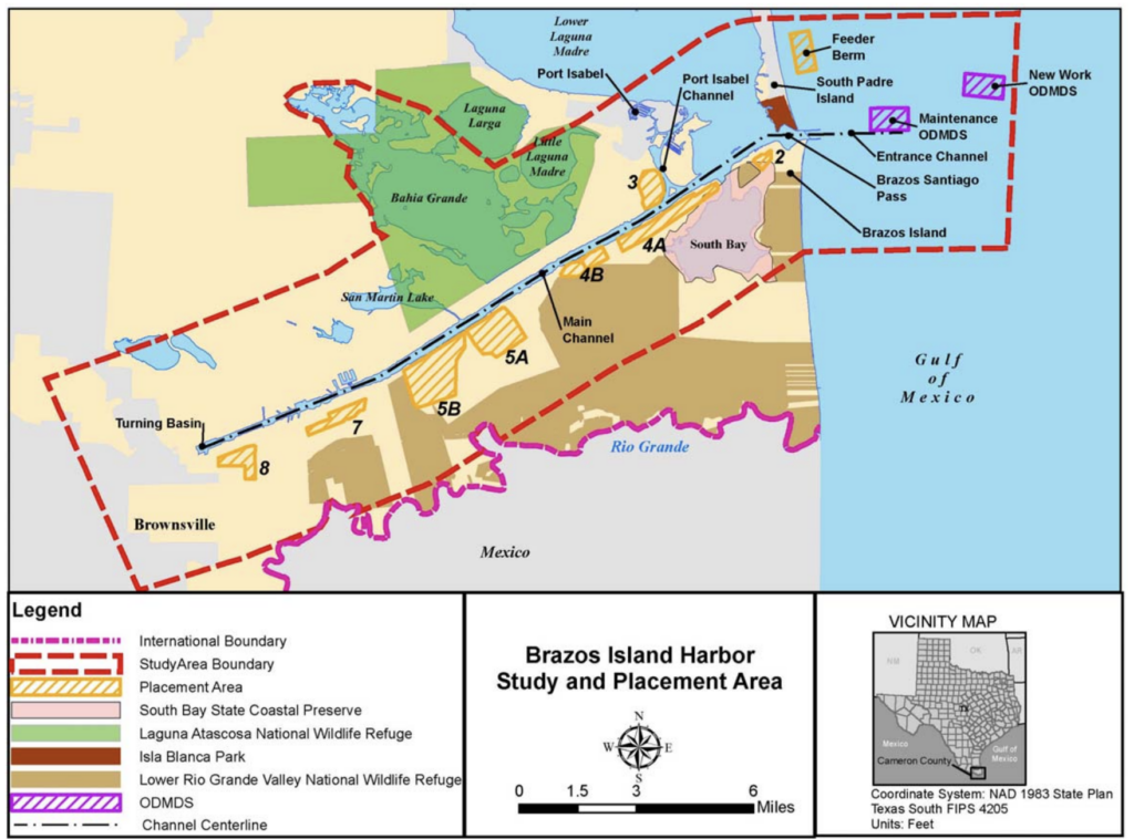 Un mapa muestra el área objeto del estudio sobre el dragado del canal marítimo de Brownsville.