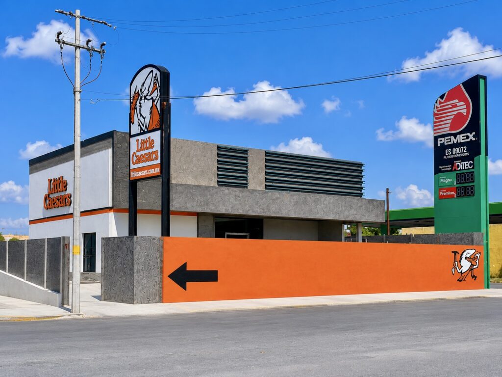 Un restaurante Little Caesars recién inaugurado en el barrio de Villa Diamante de Reynosa, situado junto a una gasolinera de Pemex en un día soleado.