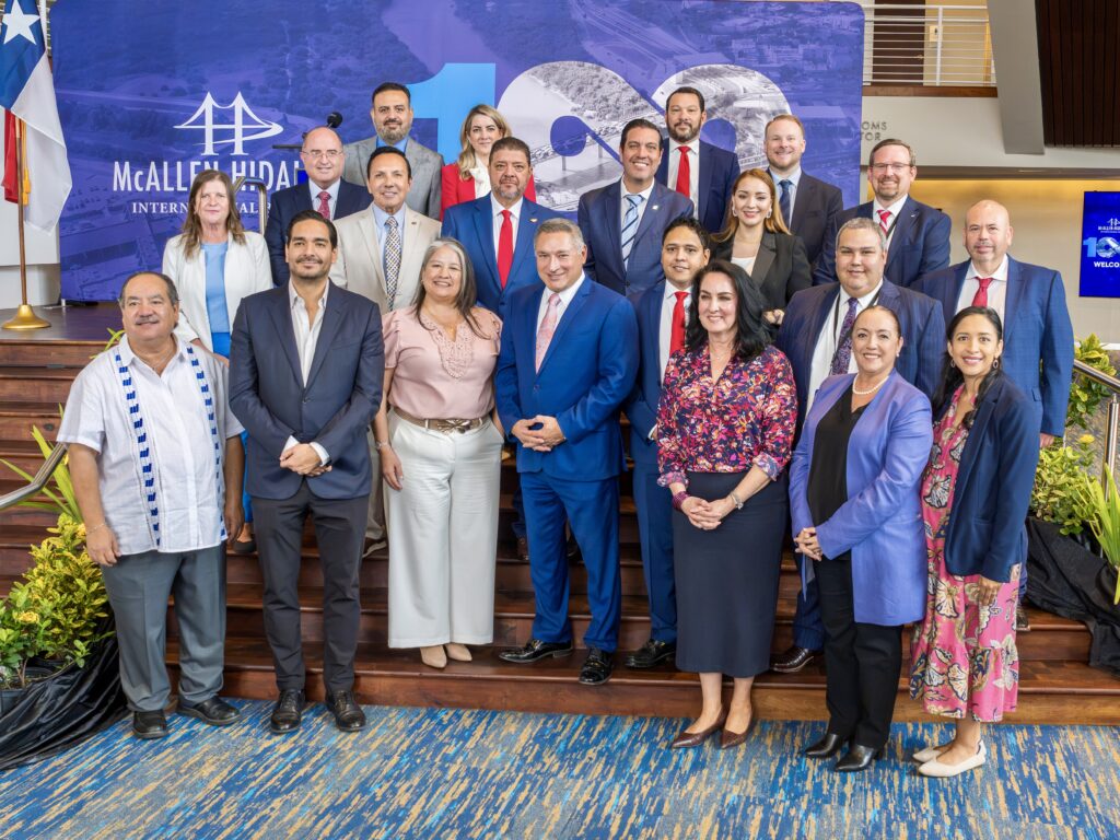 Local, state and Mexican officials pose for a group photo during the McAllen-Hidalgo International Bridge’s 100th anniversary celebration.