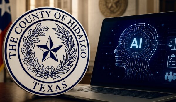 Illustration of the Hidalgo County seal next to a laptop displaying artificial intelligence imagery, representing the county’s new AI policy.