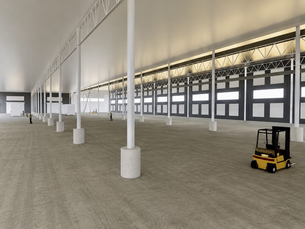 Representación del interior de la planta de fabricación y reciclaje de aluminio que ZERLUMA tiene previsto construir, en la que se aprecia una amplia nave de producción con techos altos y un espacio de trabajo industrial.