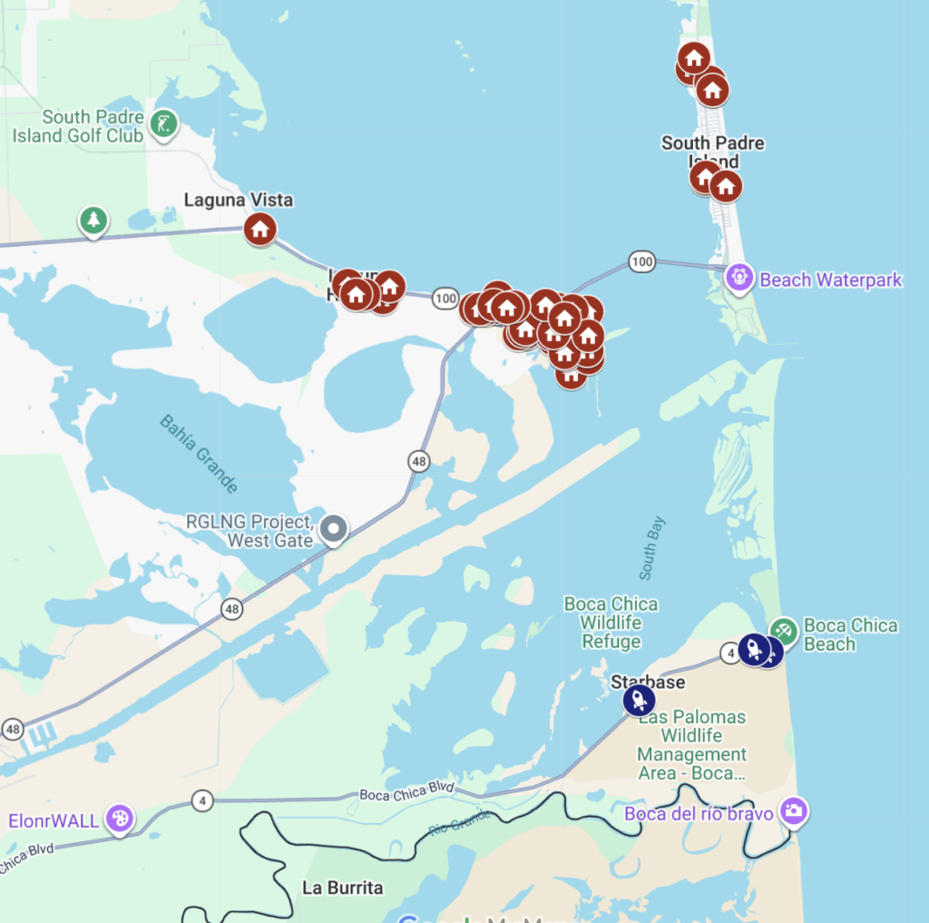 Mapa regional en el que se muestran las propiedades situadas en Port Isabel, Laguna Heights, Laguna Vista y South Padre Island que forman parte de una demanda en la que se alega que los lanzamientos de SpaceX han causado daños materiales, con Starbase y la playa de Boca Chica indicadas en las inmediaciones.