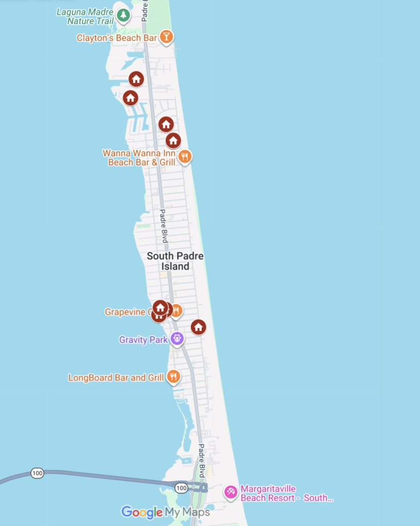 Mapa en el que se muestran las ubicaciones de las propiedades de South Padre Island incluidas en una demanda en la que se alega que los lanzamientos de cohetes de SpaceX y las sacudidas del suelo han causado daños. La mayoría de las propiedades se concentran en las zonas central y norte de la isla.