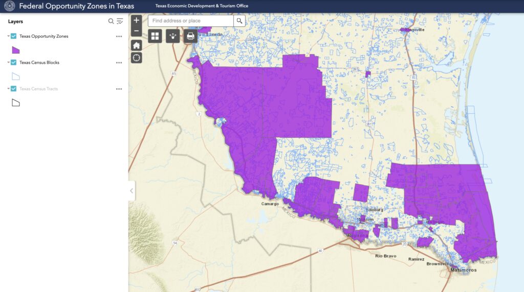 Map showing the Rio Grande Valley’s current federally designated Opportunity Zones across Hidalgo, Cameron, Starr and Willacy counties under the original Opportunity Zone program.