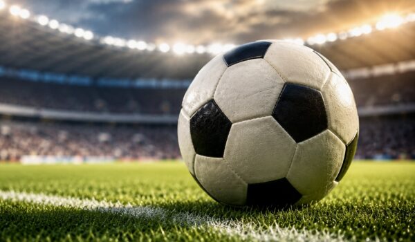 Soccer ball on a field inside a brightly lit professional soccer stadium.