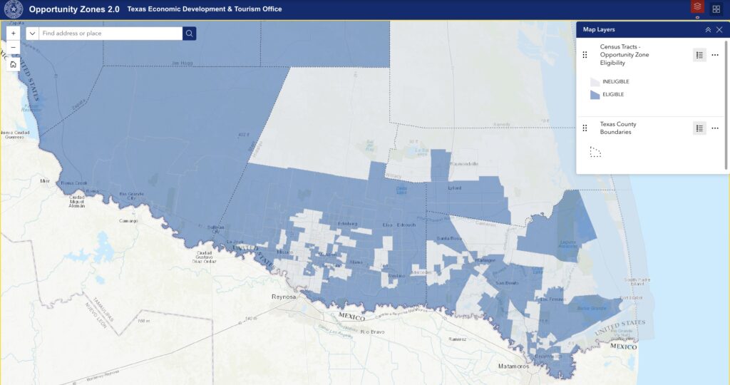 Map of Hidalgo, Cameron, Starr and Willacy counties highlighting census tracts eligible for consideration under the Opportunity Zone 2.0 program.
