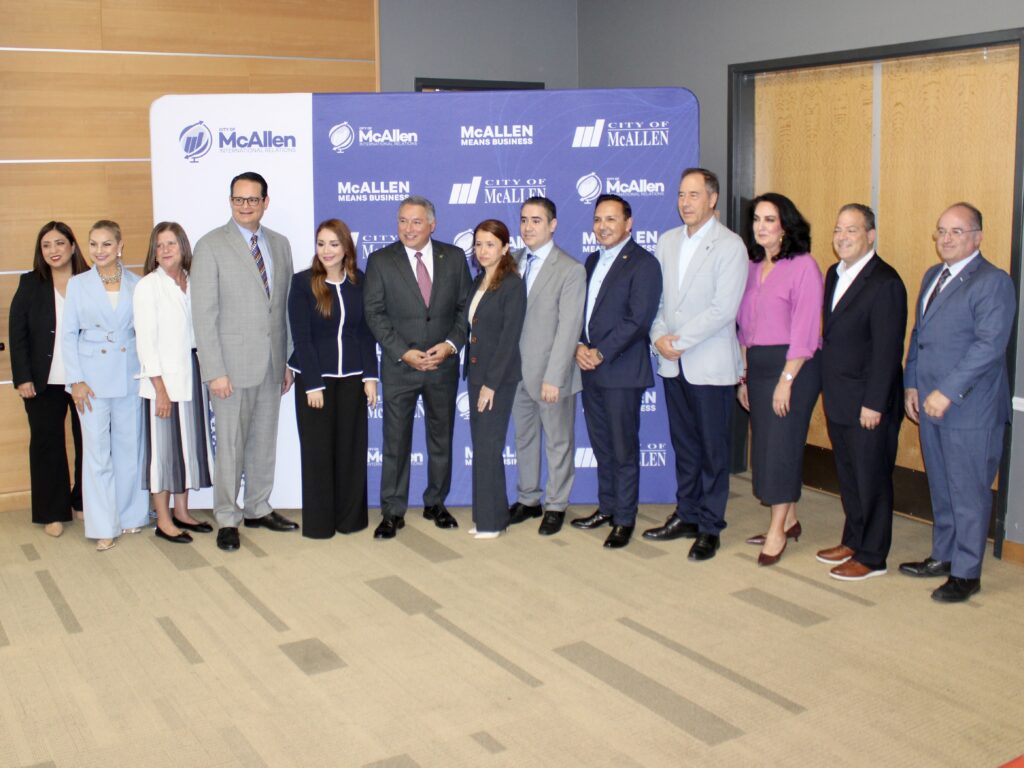 McAllen officials and business leaders pose with representatives of Ticketopolis and the World Trade Center Monterrey during the company’s U.S. expansion event in McAllen.