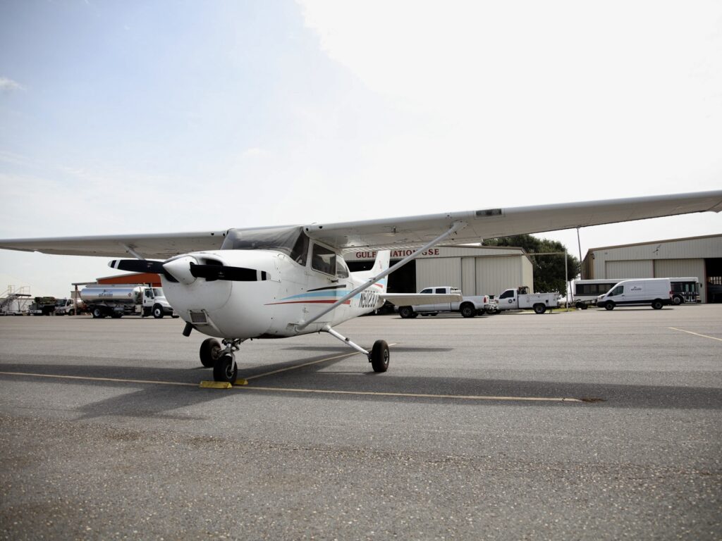 A Cessna 172 aircraft parked outside Gulf Aviation in Harlingen.