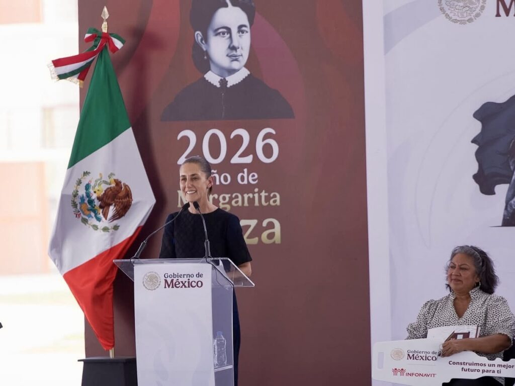 Mexico President Claudia Sheinbaum speaks at a podium during a Housing for Well-Being event in Reynosa, Tamaulipas.