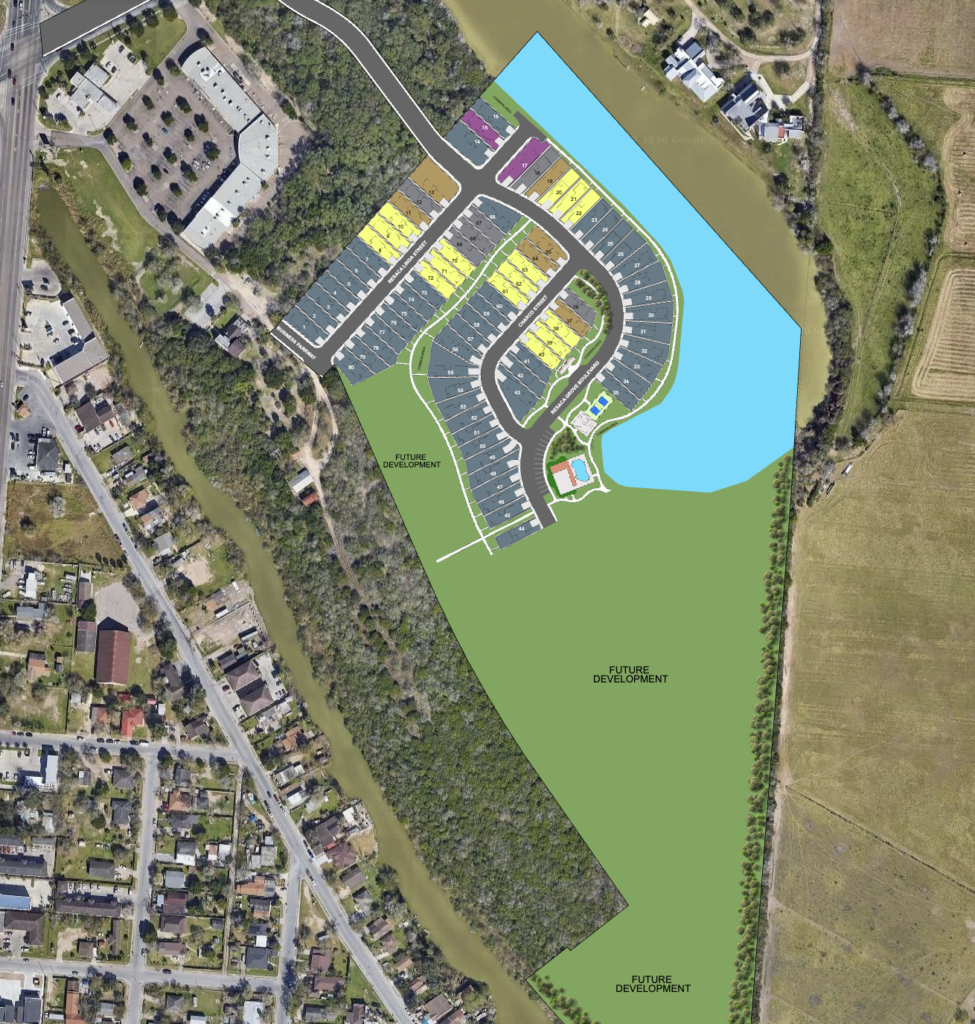Site plan showing home lots, streets, amenities, and future development at Villas Las Lagunas.