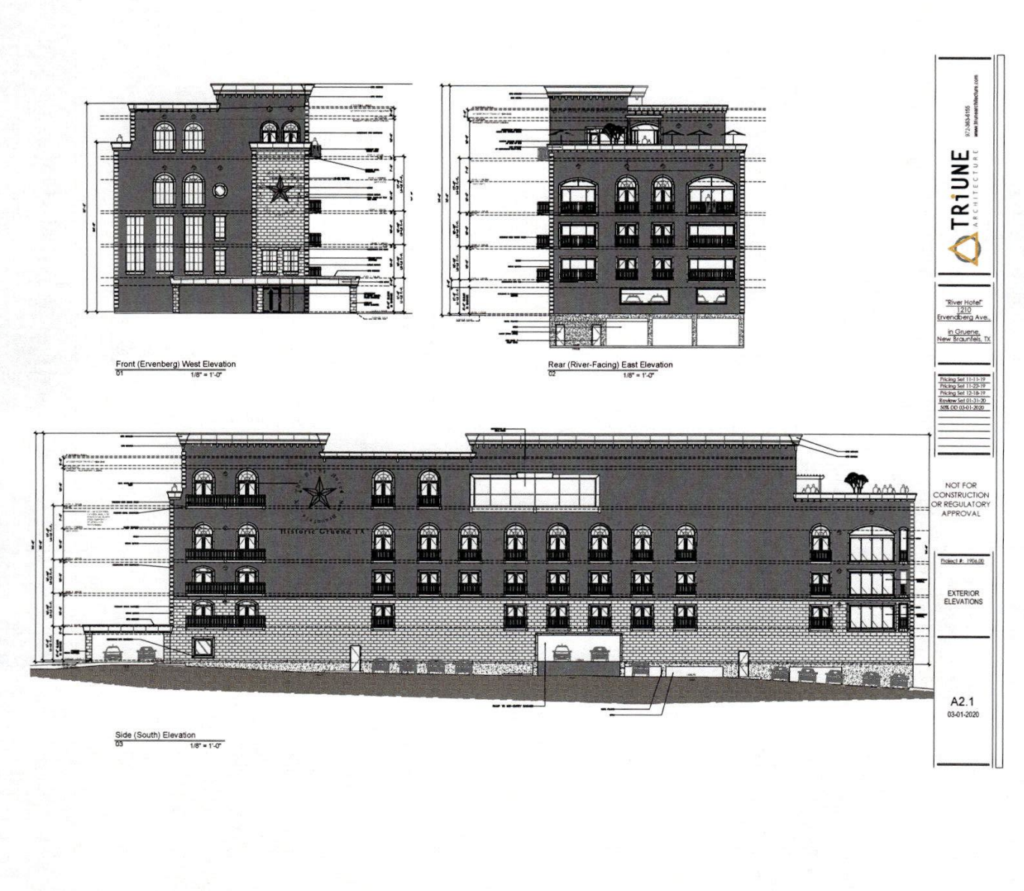 Alzado arquitectónico que muestra un posible diseño de hotel de varias plantas para el proyecto urbanístico propuesto en South Padre Island.