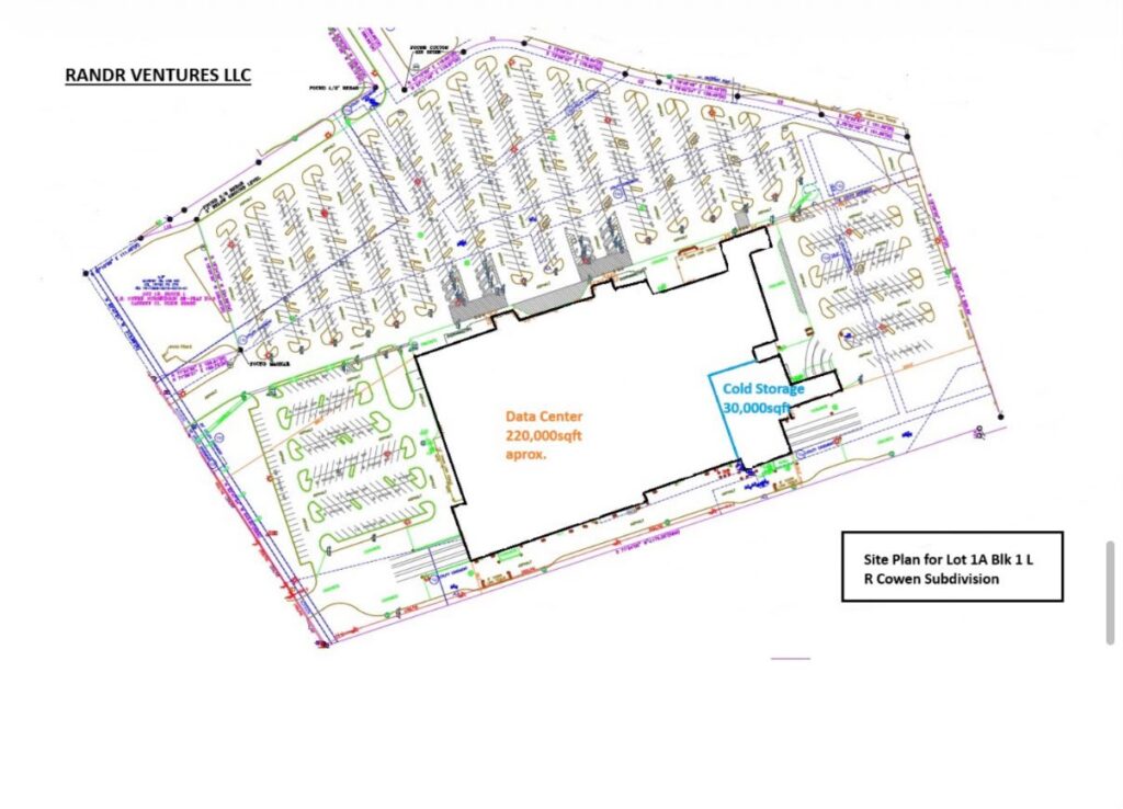 A site plan illustrates RANDR Ventures’ proposal to convert a former Walmart in Brownsville into a data center with an adjacent food bank.