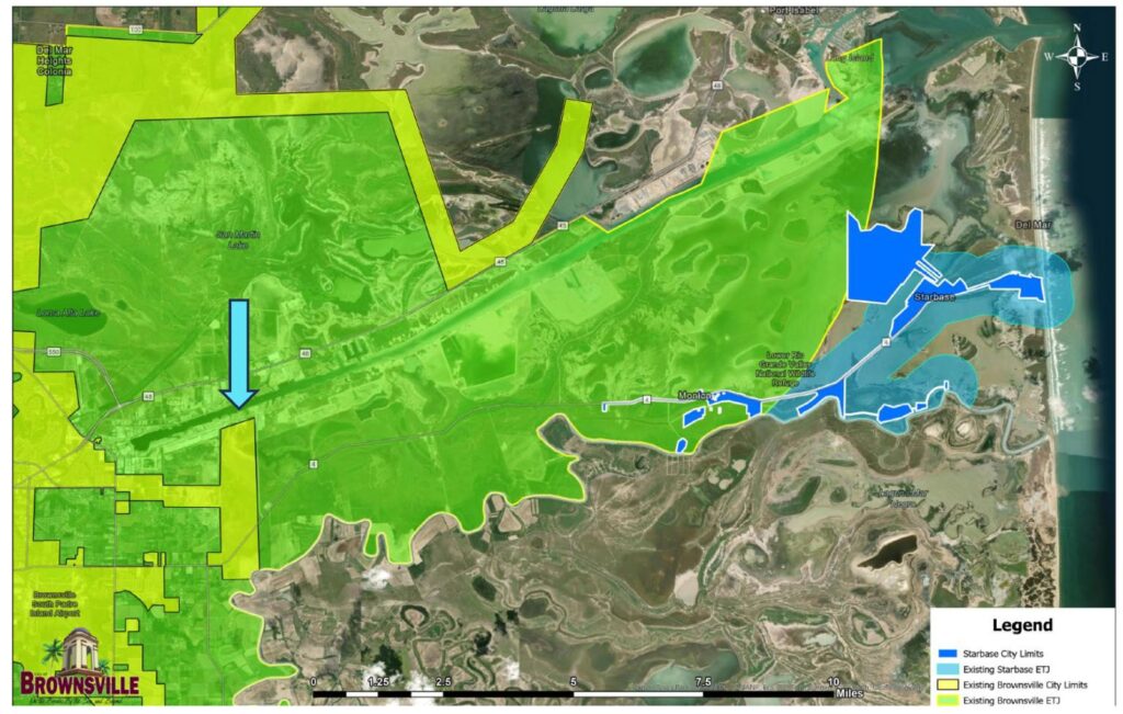 Map showing Brownsville and Starbase city limits and the location of the roughly 444-acre property proposed for disannexation.