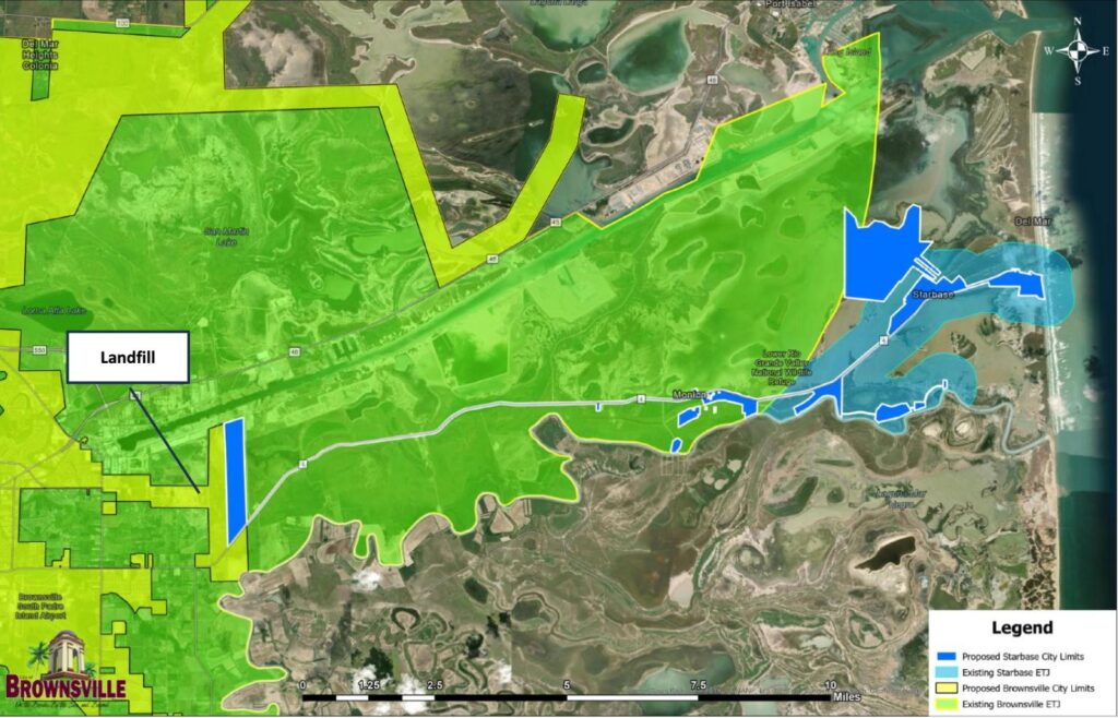 Map showing proposed Brownsville and Starbase boundary changes near the Brownsville landfill and Boca Chica area.