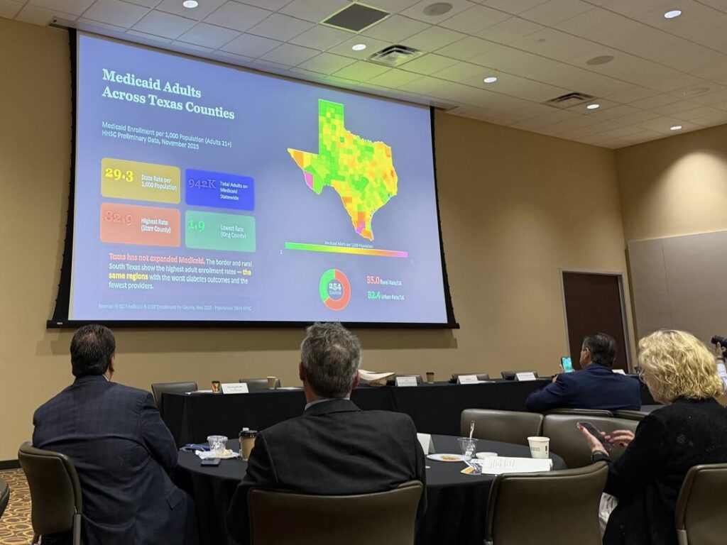 Presentation showing Medicaid enrollment rates across Texas counties at a meeting in Edinburg.