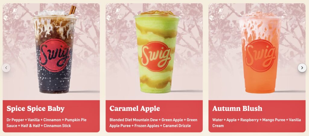 Three colorful Swig drinks, including Spice Spice Baby, Caramel Apple and Autumn Blush.