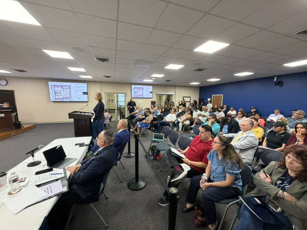 Fluidstack executive Kate Franko speaks at a podium during a Harlingen City Commission meeting.
