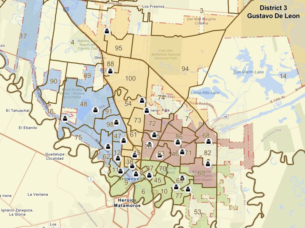 Map of Brownsville City Commission districts with District 2 highlighted in pink.