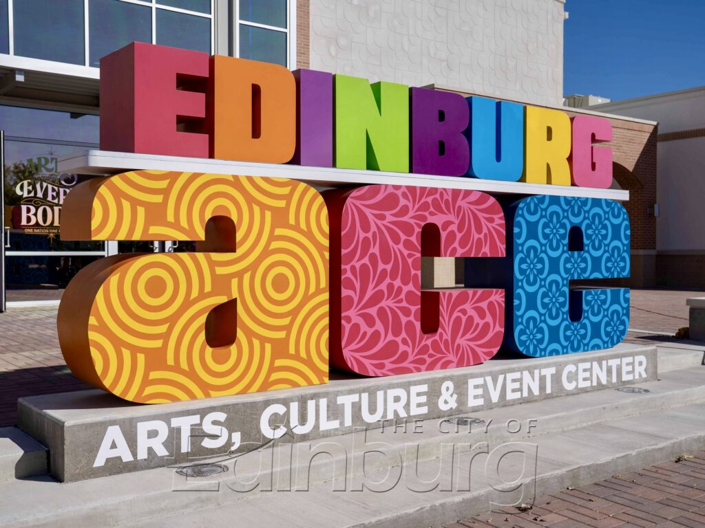 Colorful Edinburg Arts, Culture & Events Center sign outside the facility in Edinburg.