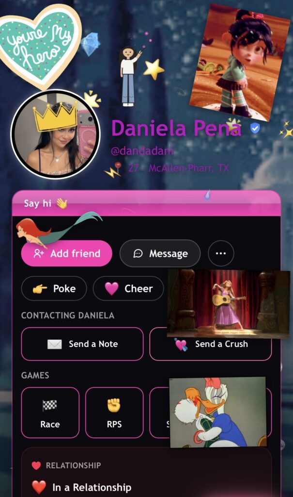 Screenshot of Daniela Peña's personalized SeenU profile featuring colorful graphics, a profile photo, relationship status and an introduction.